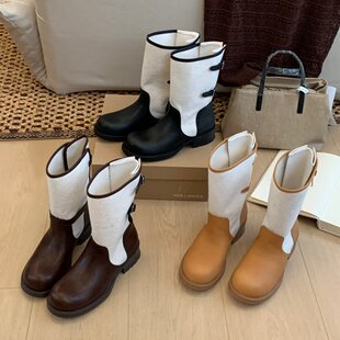 2026年新款拼色皮带扣骑行靴女中筒平底马丁靴百搭机车靴女靴