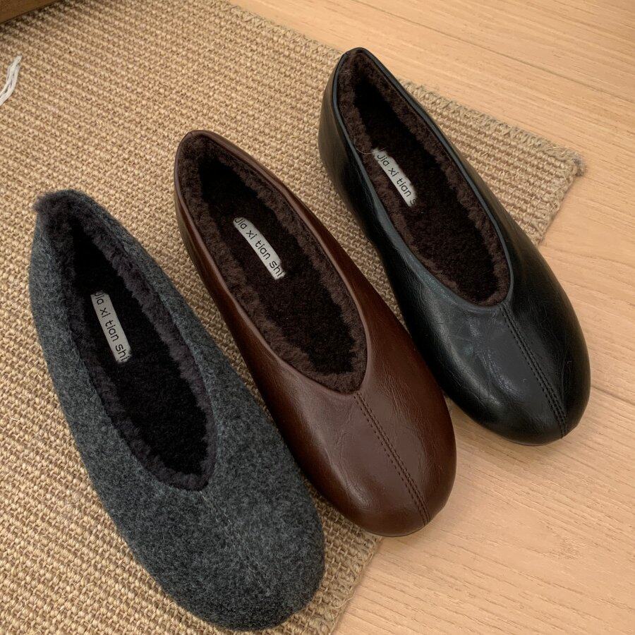 复古风圆头加绒保暖奶奶