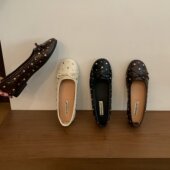 法式 复古铆钉平底芭蕾舞鞋 2026新款 NUOQILIN 软底浅口蝴蝶结包鞋