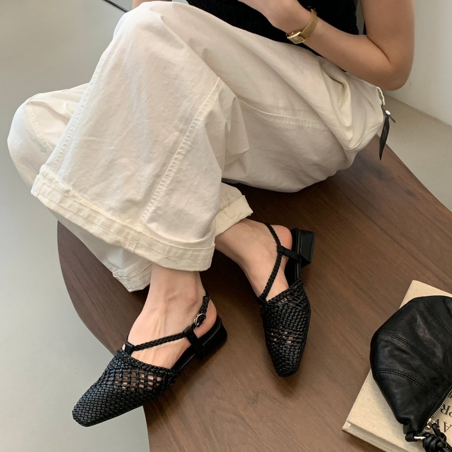 法式小方头纯手工编织凉