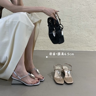 法式 复古水钻一字带坡跟凉鞋 女夏百搭仙女风凉拖优雅气质沙滩凉鞋