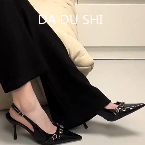 羊皮版~性感皮带扣细跟高跟鞋女黑色配裙子单鞋尖头浅口包头凉鞋