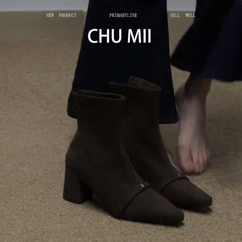 羊皮版~小众粗跟方头绒面