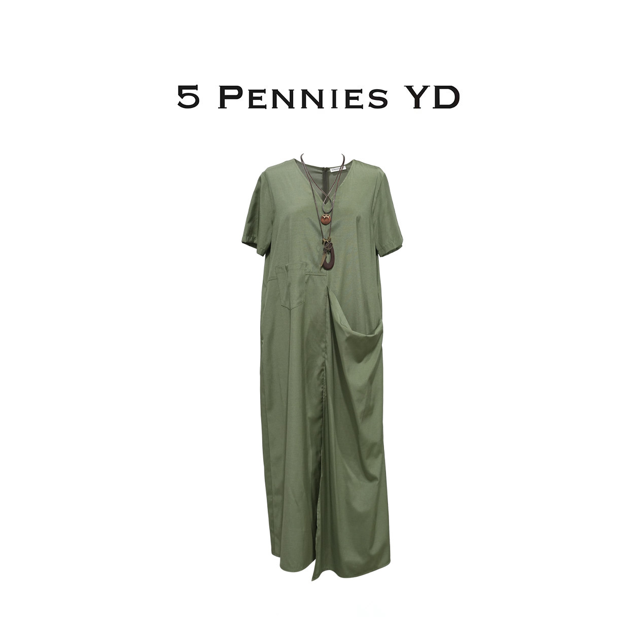 5penniesYD夏季V领深绿连衣裙