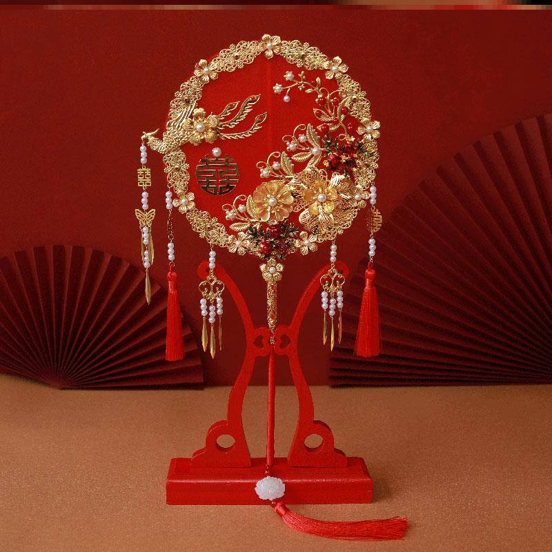 中式出嫁团扇结婚新娘秀禾服扇子喜扇双面手工diy材料包婚扇手扇