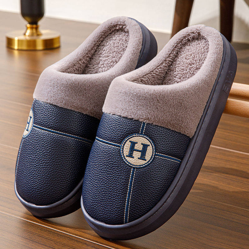 秋冬季室内外女士男士PU皮面防水防滑加绒厚底大码踩屎感棉拖鞋