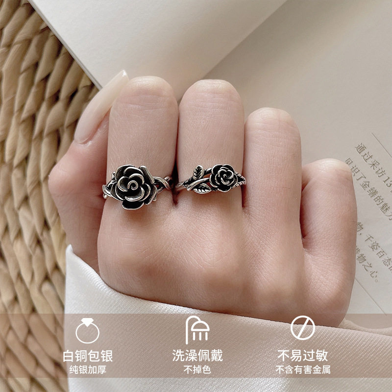 岚芷小众泰复古花开口指环戒指女