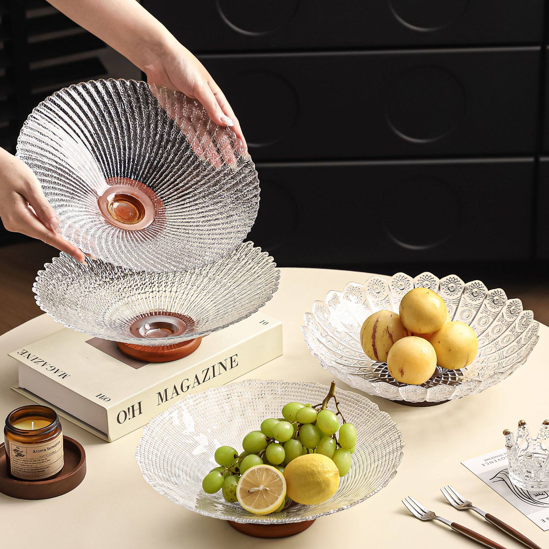 玻璃水果盘客厅茶几家用轻奢高档前台糖果托盘坚果干果零食摆放盘