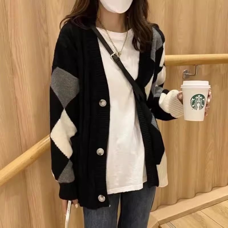 100%纯山羊绒开衫女菱形格子麻花中长款2026秋冬新款针织毛衣外套