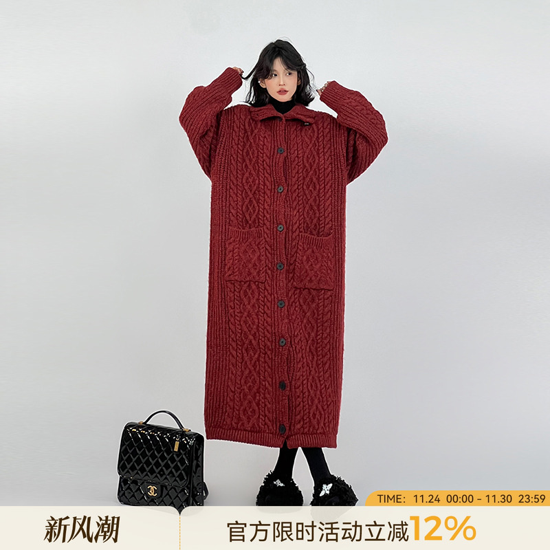 慵懒风单排扣高领开衫过膝针织衫