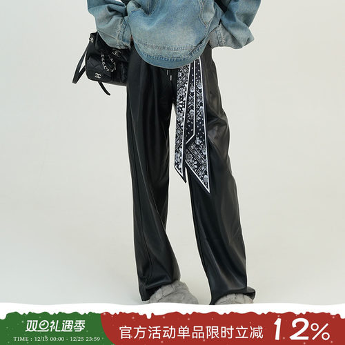 黑色抽绳皮裤韩系宽松