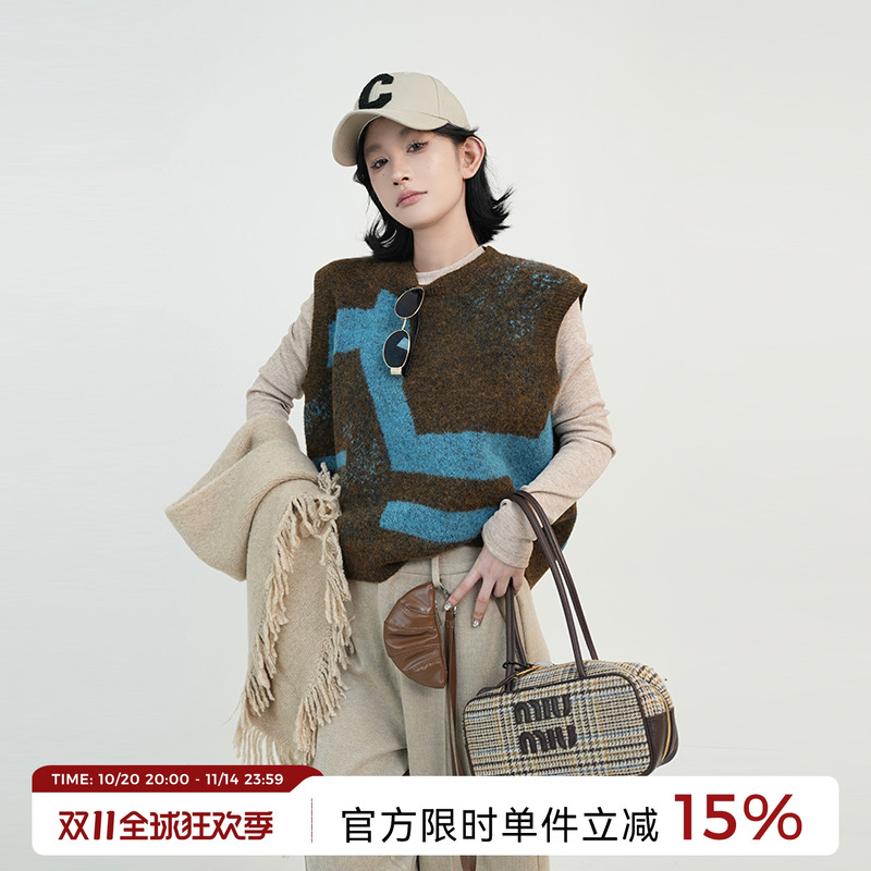撞色无袖宽松针织马甲女