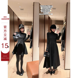 吴童童黑色高领长袖打底a字连衣裙女秋冬新款韩系收腰显瘦长短裙