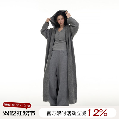 吴童童连帽针织长袖宽松毛衣外套