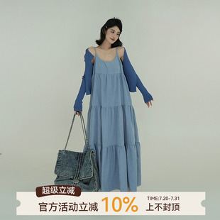 韩系宽松拼接海边裙子 吴童童 蓝色露背无袖 吊带连衣裙女夏季 新款
