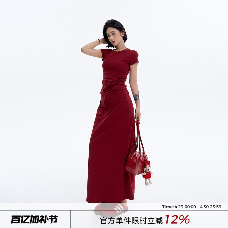 吴童童褶皱圆领短袖连衣裙女夏季韩系高级感气质收腰显瘦A字长裙