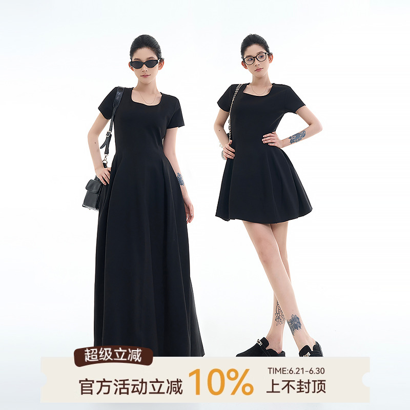 吴童童方领短袖收腰连衣裙女夏季新款韩系高级感显瘦气质A字长裙