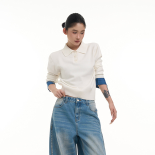 吴童童撞色拼接翻领长袖 NEW8.01 上衣 针织衫 女早秋韩系修身