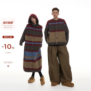 吴童童复古条纹连帽长袖 毛衣连衣裙女秋冬韩系慵懒宽松直筒长裙子