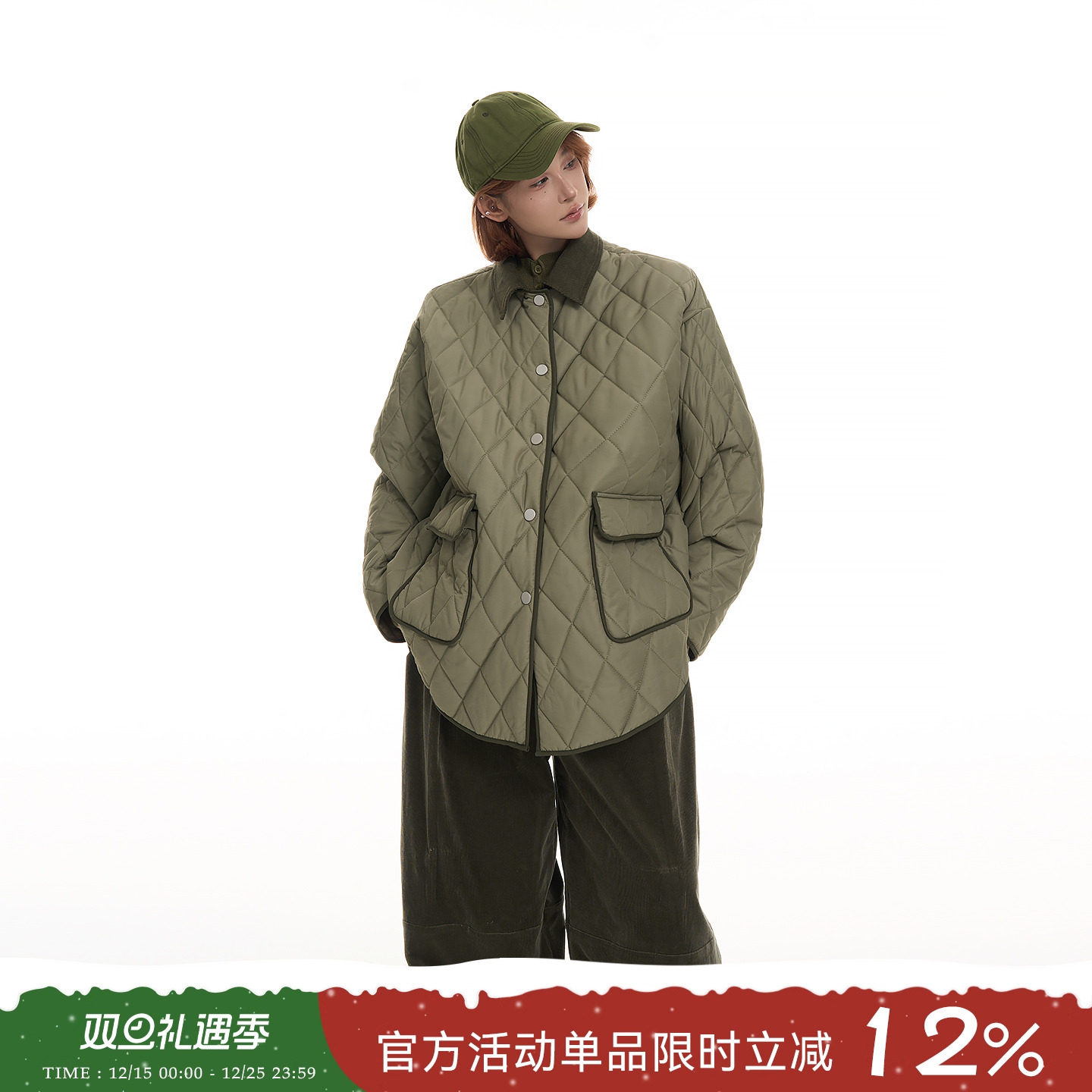 吴童童复古翻领菱格长袖棉服外套