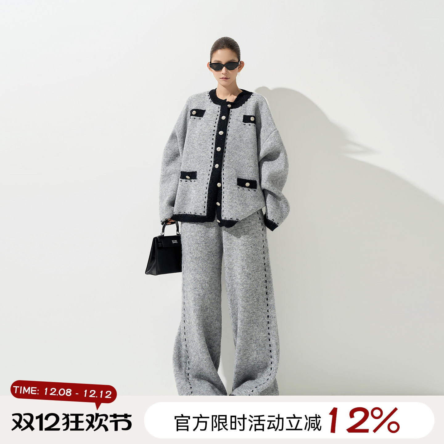 吴童童灰色圆领长袖毛衣外套