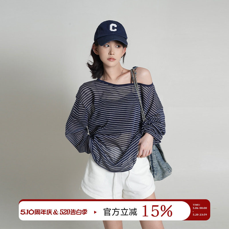 吴童童 条纹斜肩长袖露肩针织T恤女夏季新款韩系宽松薄款罩衫上衣