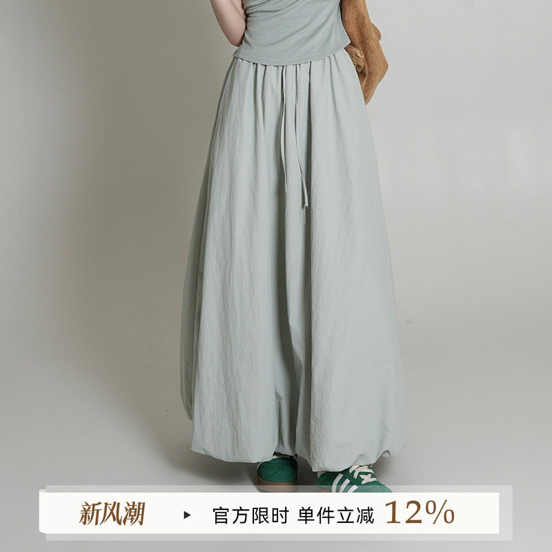 绿色韩系休闲高腰宽松半身裙图片