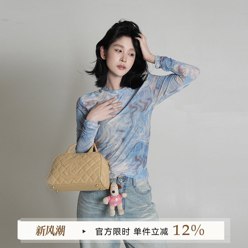蓝色扎染网纱长袖T恤韩系图片