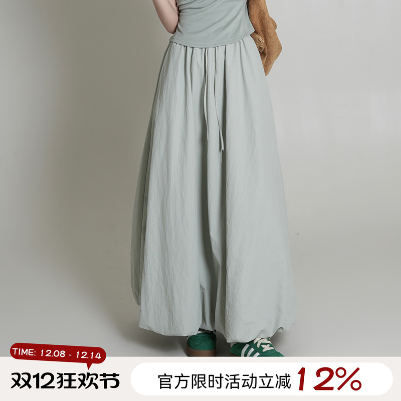 绿色韩系休闲高腰宽松半身裙