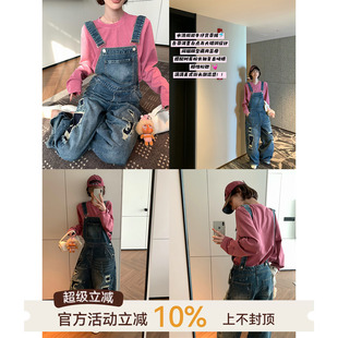 吴童童破洞做旧无袖牛仔背带裤女早秋新款韩系设计感宽松显瘦长裤