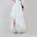 a字裙子 斜边设计感中长款 新款 吴童童白色不规则蕾丝半身裙女夏季