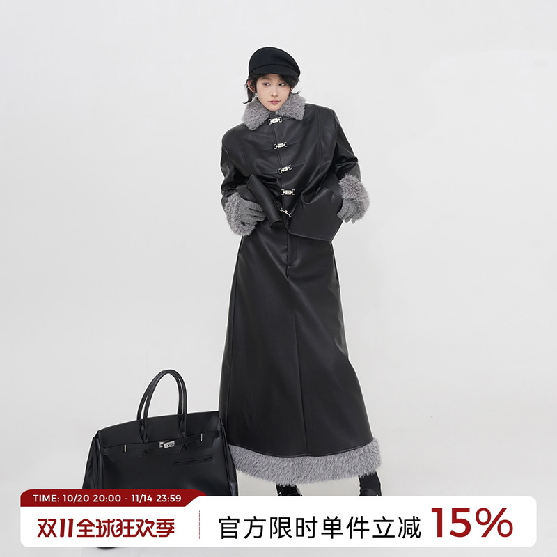 吴童童黑色PU皮翻领夹棉长袖皮衣