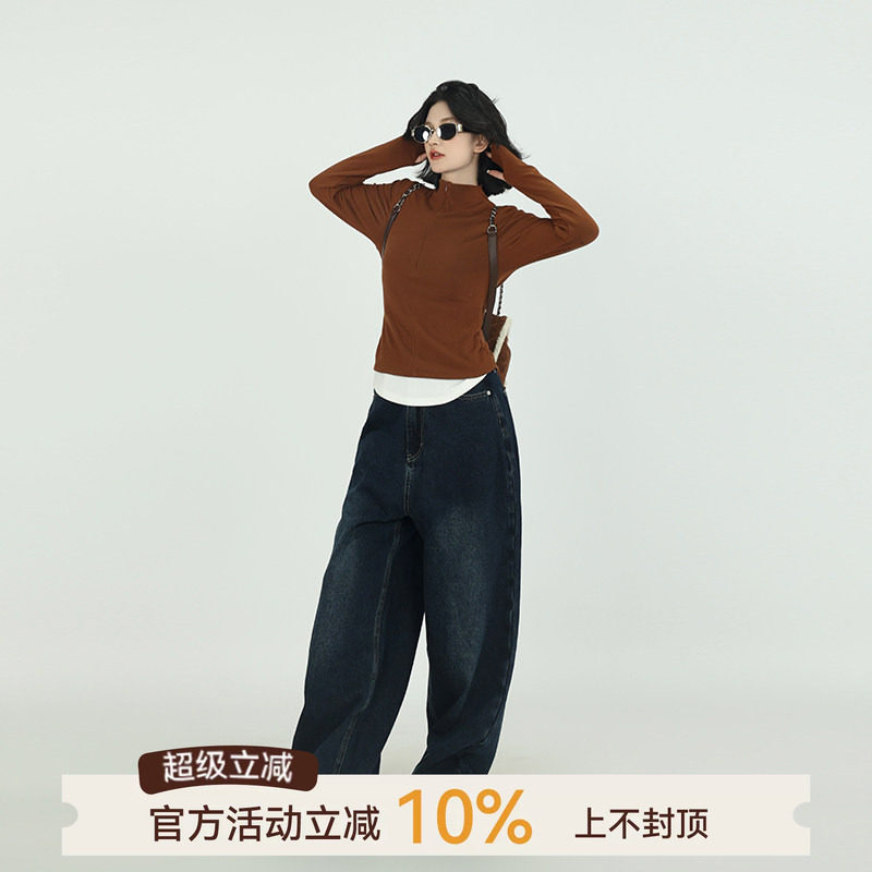 吴童童棕色假两件半高领长袖T恤图片