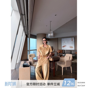 韩系设计感宽松拖地长裤 女夏季 牛仔连体裤 吴童童复古黄色翻领短袖