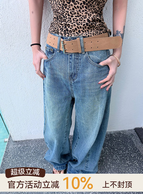 吴童童复古蓝色高腰阔腿直筒牛仔裤女夏季韩系宽松显瘦百搭长裤子