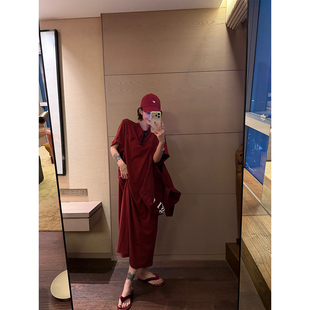 连衣裙女夏季 NEW3.31 吴童童垂感直筒圆领短袖 韩系慵懒长裙