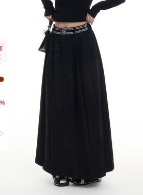 吴童童黑色亮闪闪高腰半身裙女秋季新款韩系气质宽松显瘦A字长裙