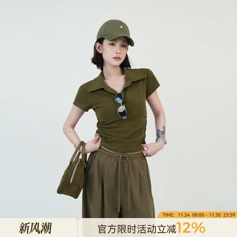 纯色Polo领正肩短袖T恤韩系