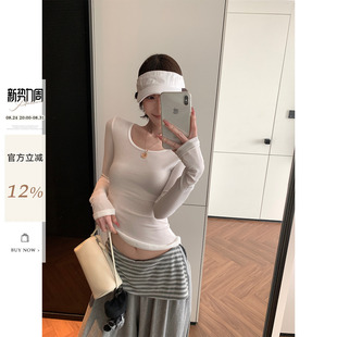 吴童童纯色薄款圆领长袖T恤女早秋新款韩系百搭修身显瘦休闲上衣