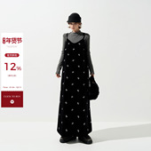 吴童童丝绒刺绣V领无袖 吊带连衣裙女秋冬韩系加厚宽松显瘦A字长裙