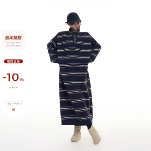 吴童童条纹高领长袖 毛衣连衣裙女秋冬韩系慵懒风宽松显瘦直筒长裙