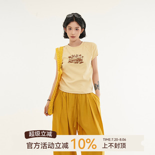 百搭显瘦上衣 吴童童复古印花圆领正肩短袖 T恤女夏季 韩系修身 短款