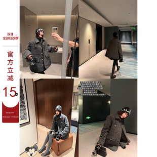 吴童童夹棉翻领长袖小香风毛呢外套女秋冬韩系宽松保暖开衫上衣