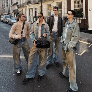 男女通勤宽松泥染蓝色牛仔裤 AC做旧水洗破洞直简脏脏裤 金智秀同款