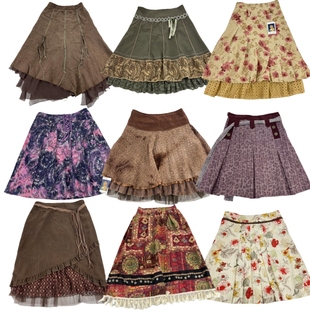 古着vintage复古百搭秋冬小众设计蕾丝A字港风森系外贸半身裙Q11