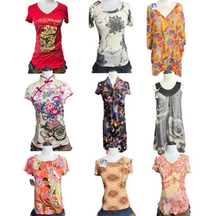 春夏小野vintage古着36外贸原宿辣妹夏短袖复古花纹亚文化T恤上衣