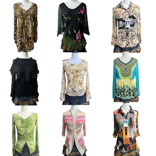 古着vintage51外贸动物纹网纱长袖 上衣 辣妹Y2K甜酷复古印花荷叶袖