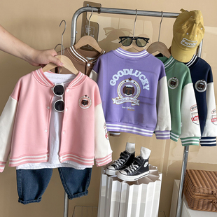 儿童棒球服加绒外套秋冬女童新款 百搭儿童保暖上衣 学院风印花拼袖