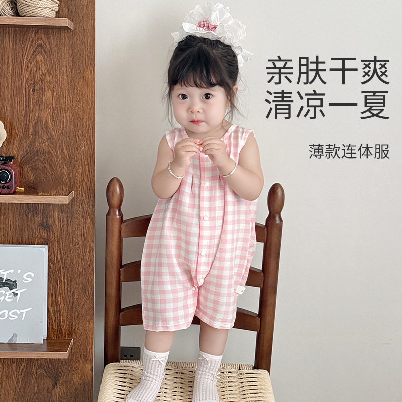 女宝宝连体衣夏季可爱格子无袖兔耳朵短爬女童洋气休闲超萌连体衣