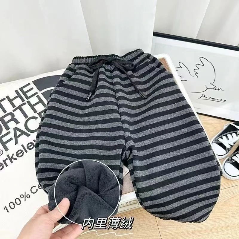 儿童加绒卫裤男童秋冬季一体绒束腿裤女童条纹韩版保暖系带休闲裤